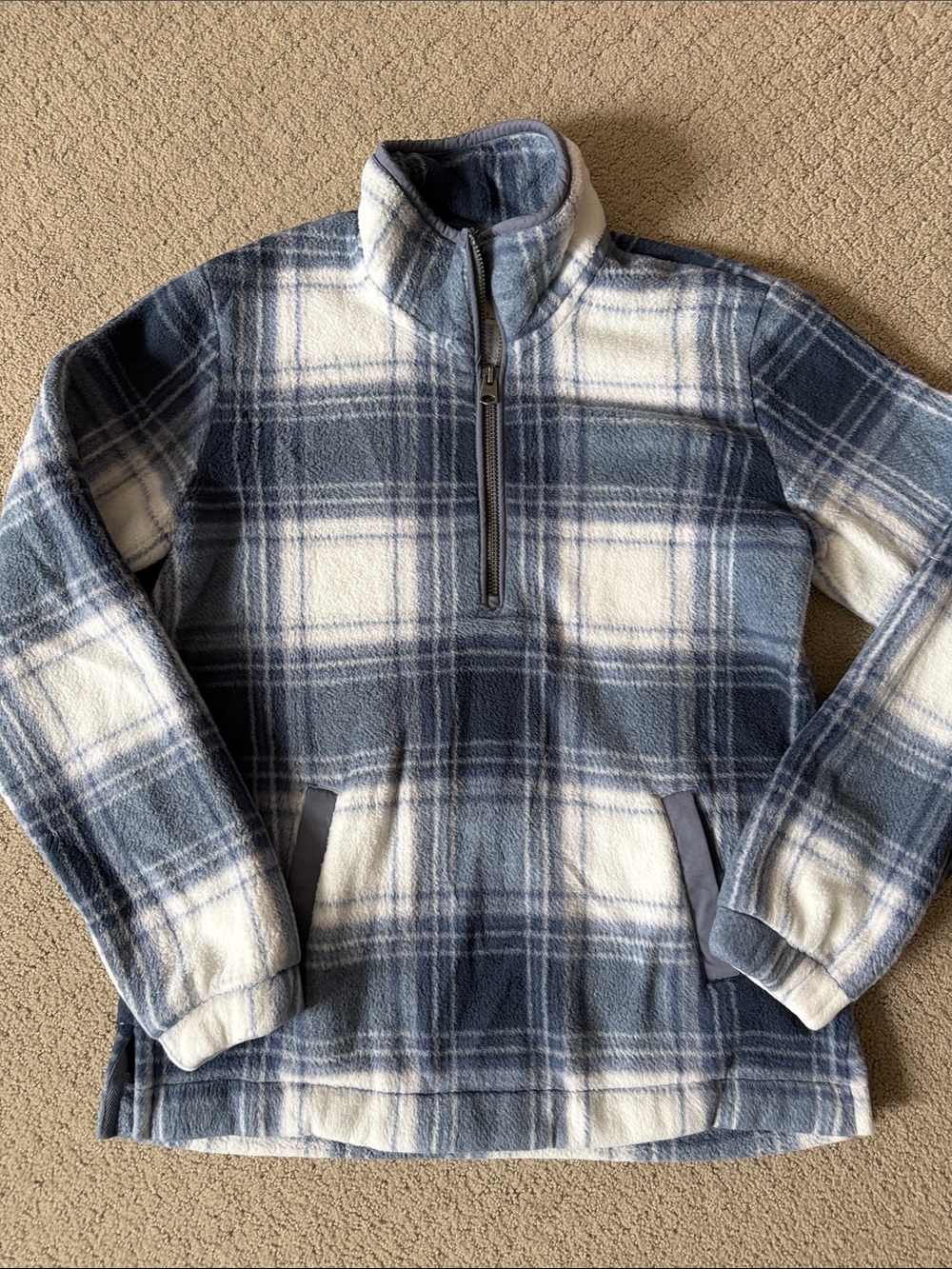 Abercrombie & Fitch Navy and White Plaid Quarter-Zip Fleece Pullover